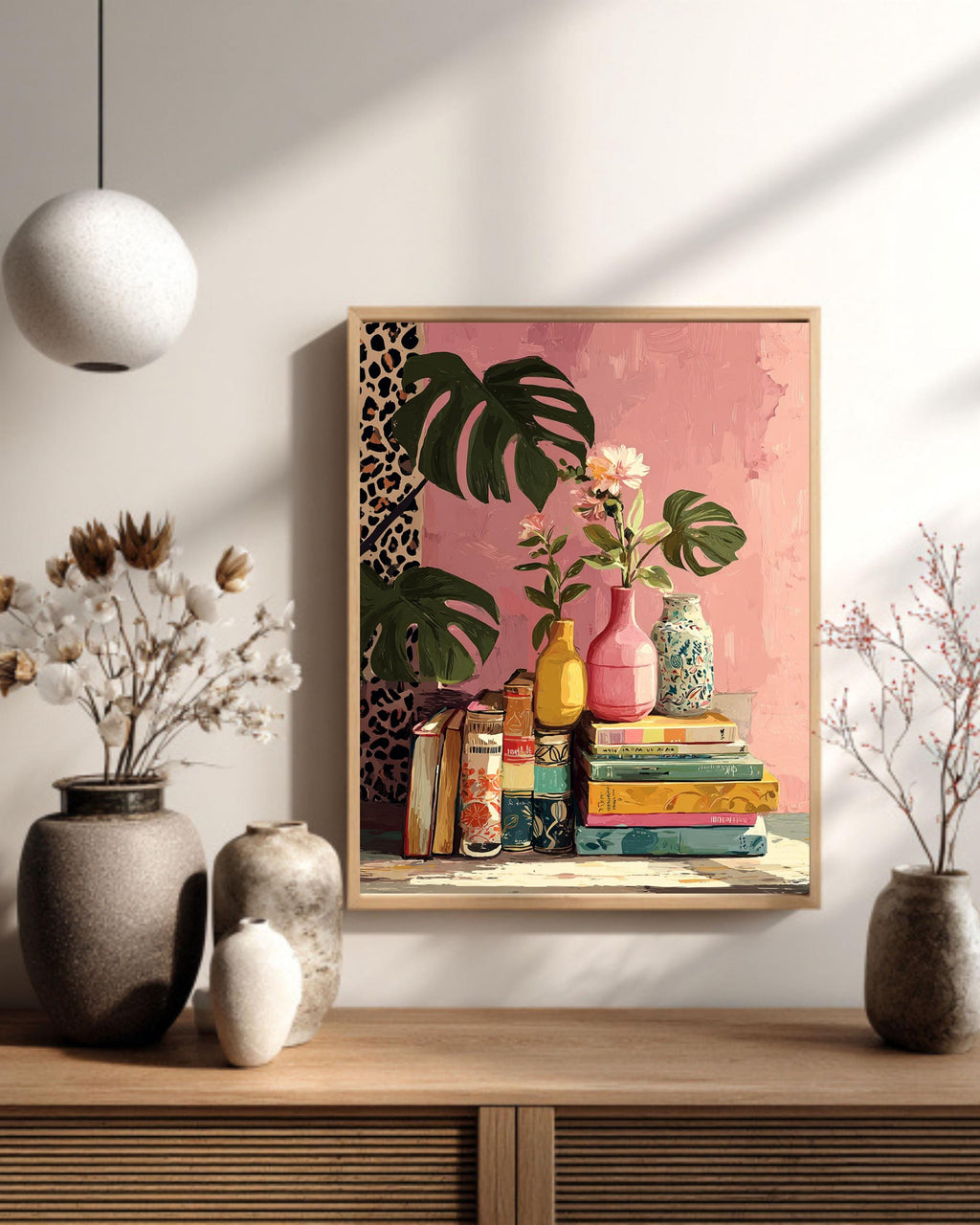 Retro Book and Plants Canvas Print: Colorful Still Life Art