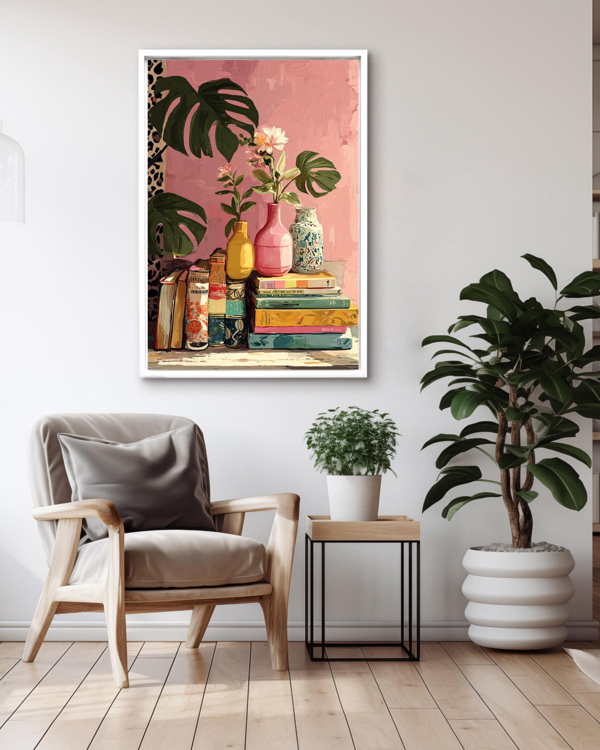 Retro Book and Plants Canvas Print: Colorful Still Life Art