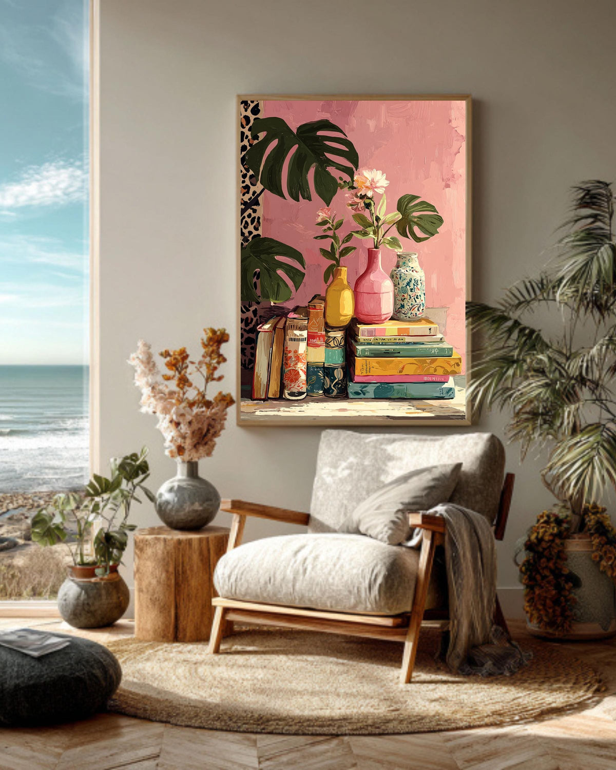 Retro Book and Plants Canvas Print: Colorful Still Life Art