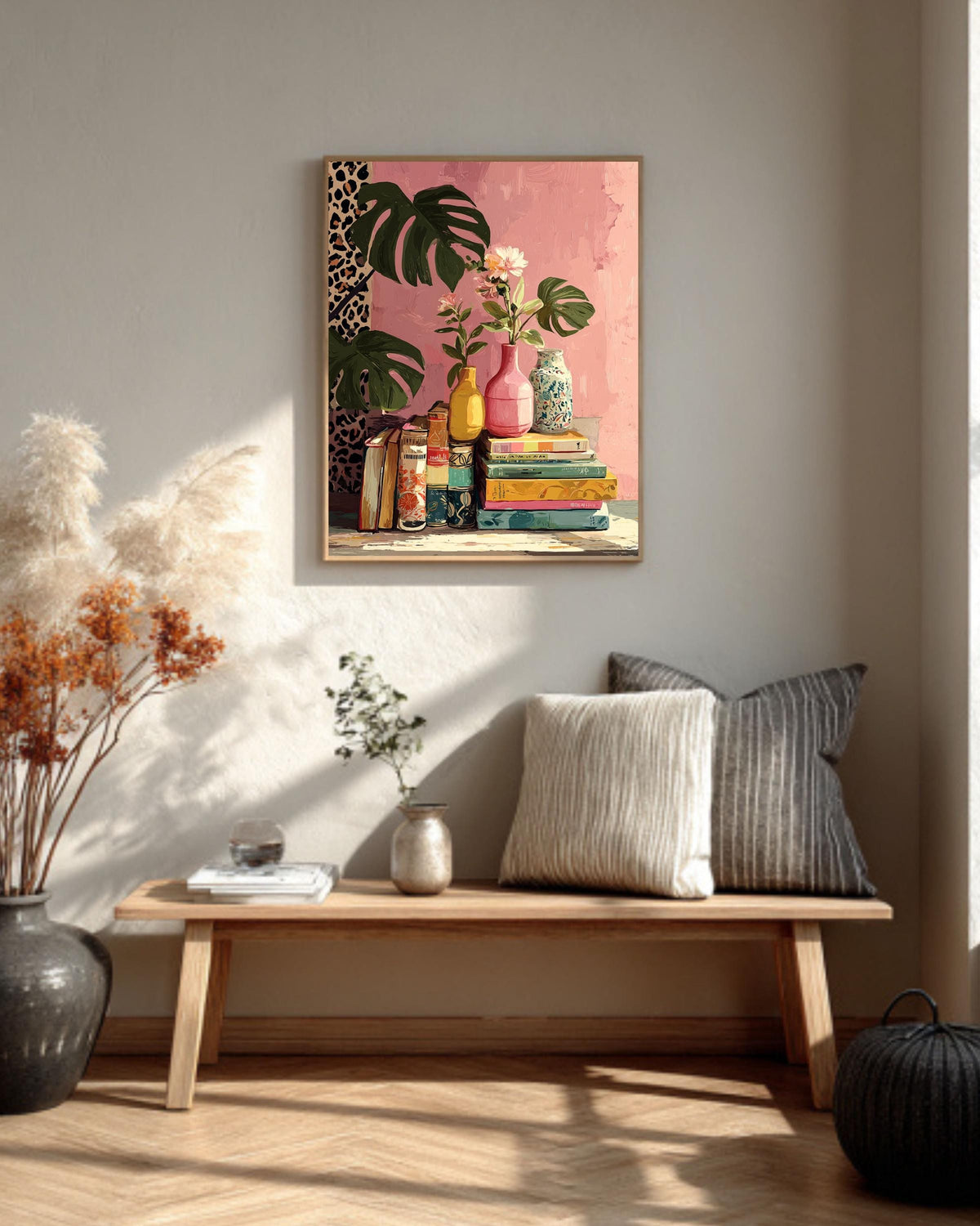 Retro Book and Plants Canvas Print: Colorful Still Life Art