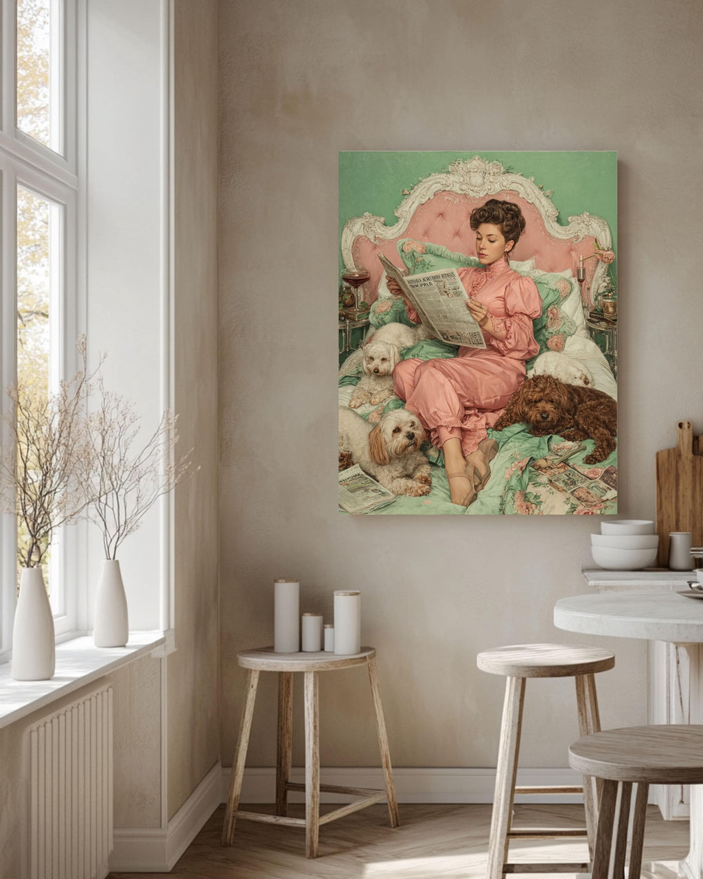 Vintage Lady with Dogs Canvas Print, Victorian Inspired Wall Art