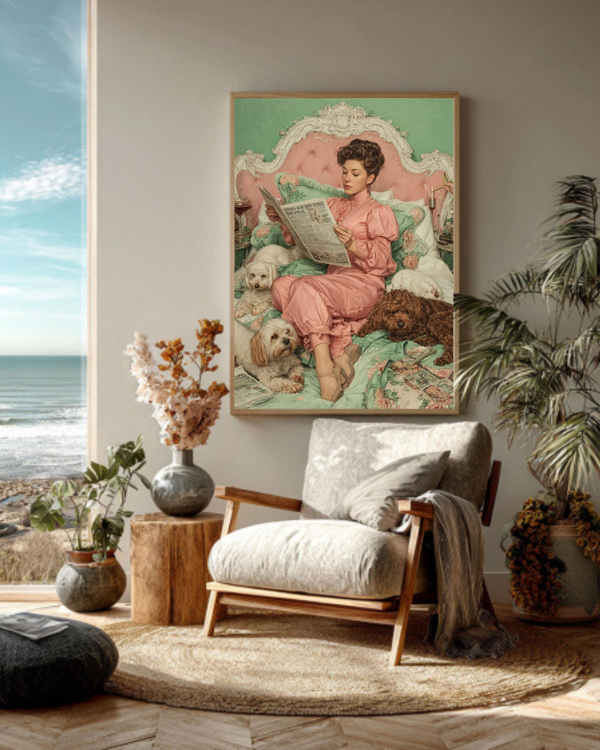 Vintage Lady with Dogs Canvas Print, Victorian Inspired Wall Art