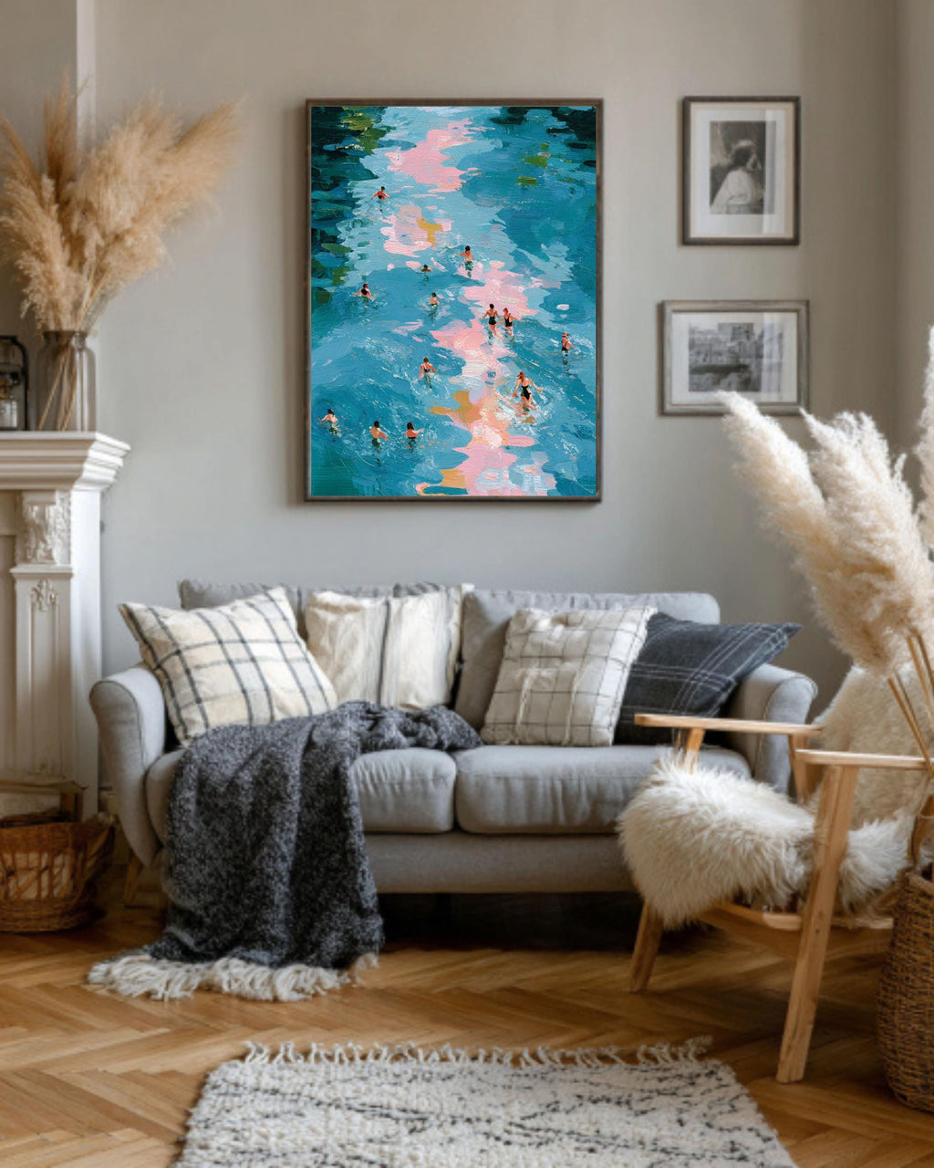 Swimmers Abstract Canvas, Blue Water Impressionist Framed Wall Art