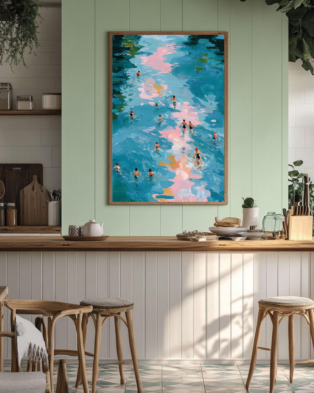 Swimmers Abstract Canvas, Blue Water Impressionist Framed Wall Art