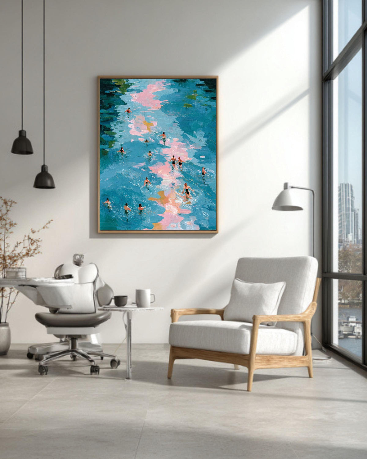 Swimmers Abstract Canvas, Blue Water Impressionist Framed Wall Art