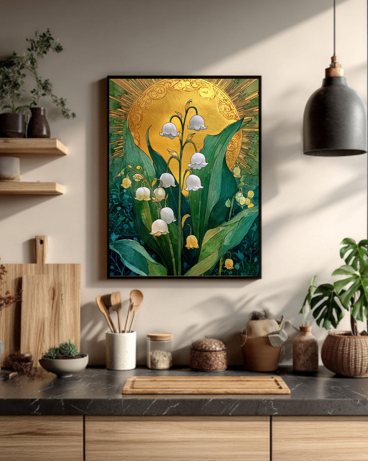 Lily of the Valley Canvas Print: Emerald Green Sun, Boho Floral Art