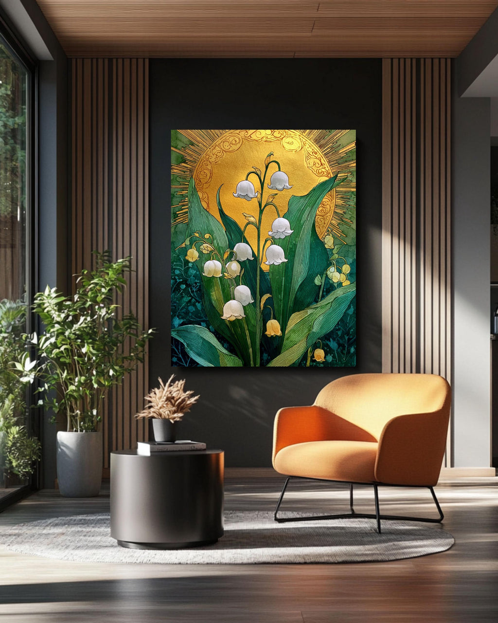Lily of the Valley Canvas Print: Emerald Green Sun, Boho Floral Art