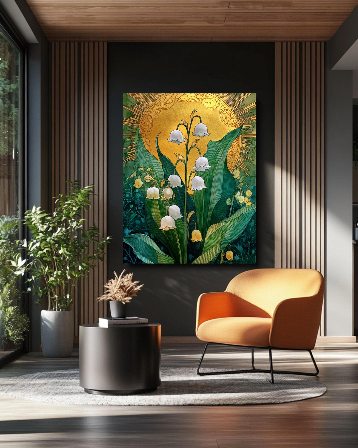 Lily of the Valley Canvas Print: Emerald Green Sun, Boho Floral Art