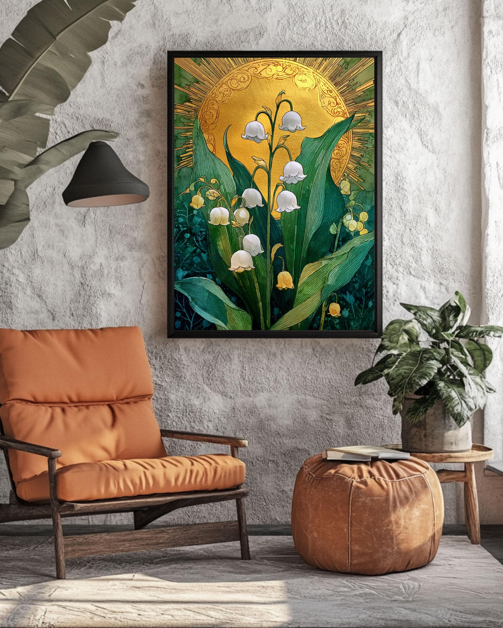Lily of the Valley Canvas Print: Emerald Green Sun, Boho Floral Art