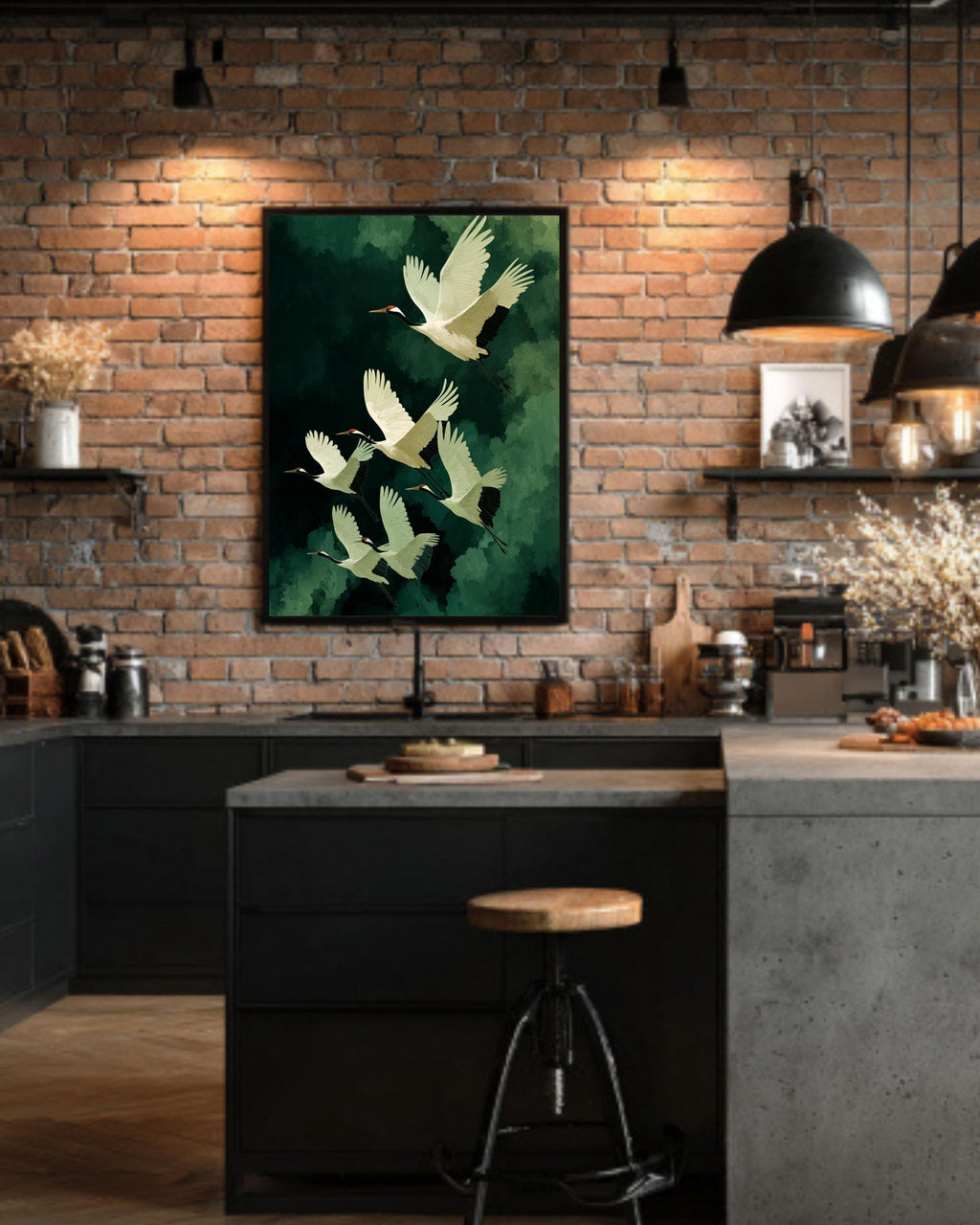 Flying Cranes Japandi Canvas | Elegant Japanese Bird Artwork | Green and White Minimal Style Print