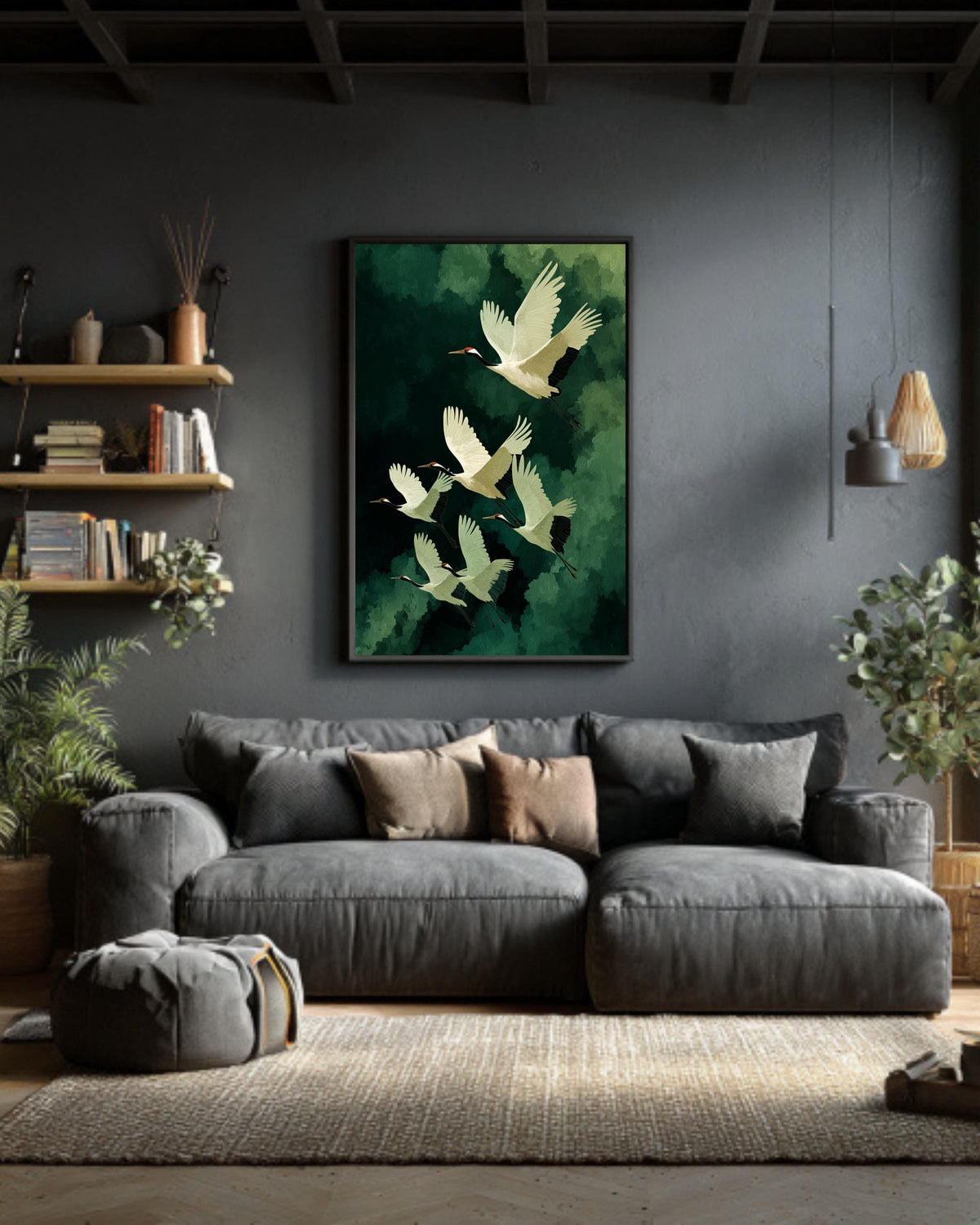 Flying Cranes Japandi Canvas | Elegant Japanese Bird Artwork | Green and White Minimal Style Print