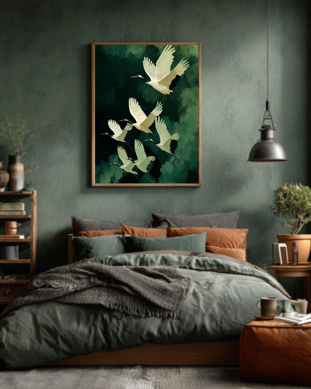 Flying Cranes Japandi Canvas | Elegant Japanese Bird Artwork | Green and White Minimal Style Print