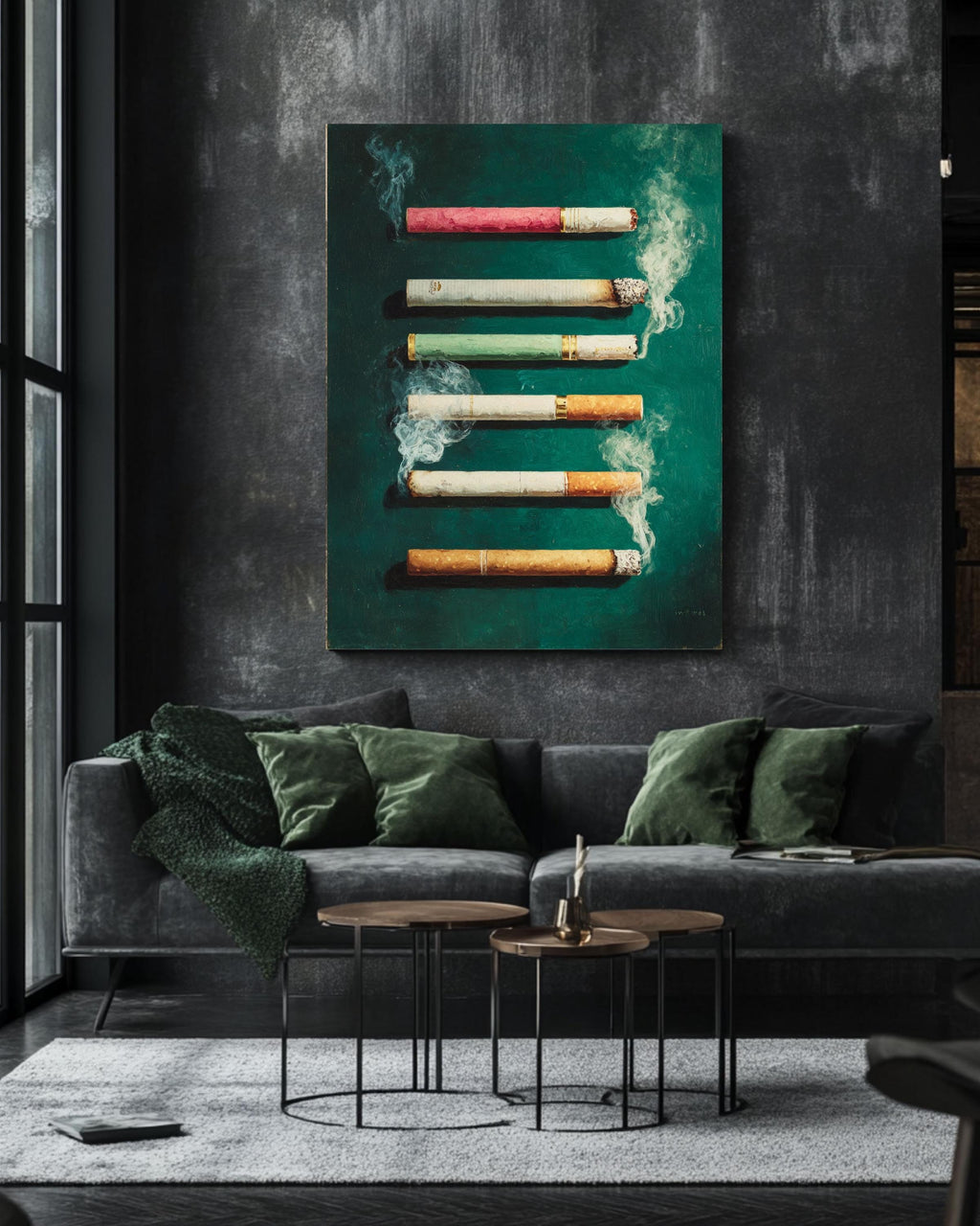 Cigarette Butts Canvas | Moody Green Feminine Gritty Artwork | Urban Edge Modern Painting