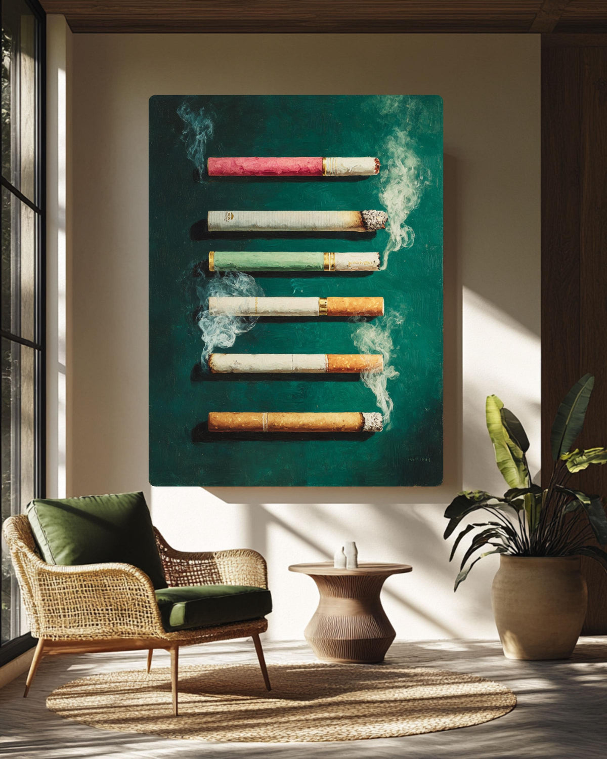 Cigarette Butts Canvas | Moody Green Feminine Gritty Artwork | Urban Edge Modern Painting