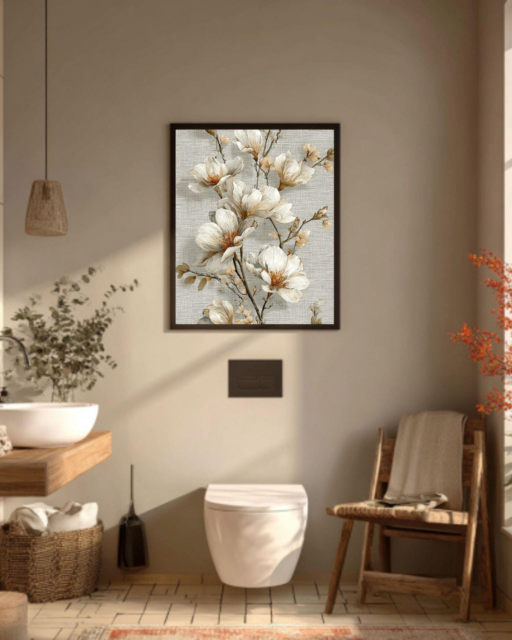 Beige Floral Tapestry Canvas | Vintage Textile Inspired Wall Hanging | Elegant Botanical Artwork