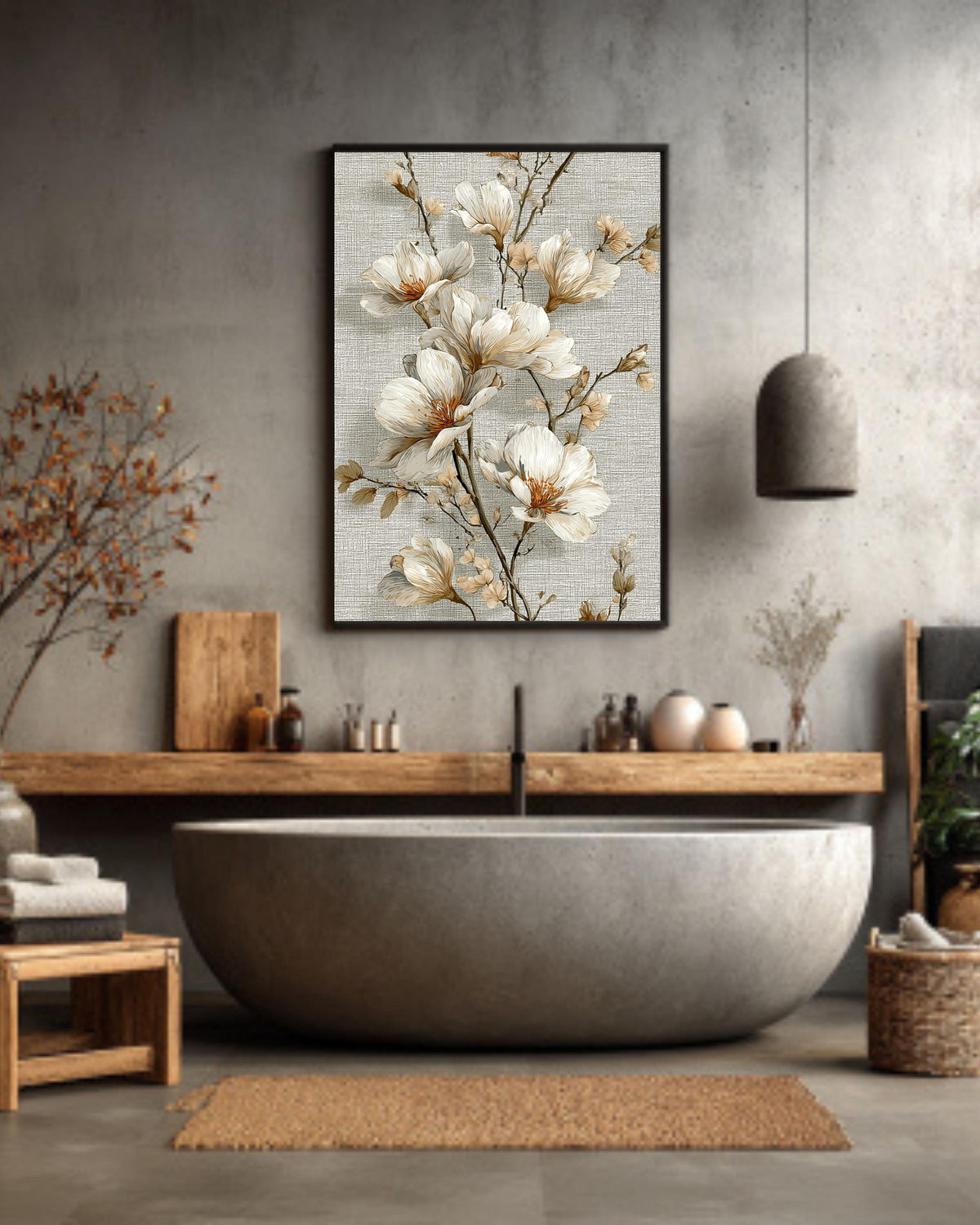 Beige Floral Tapestry Canvas | Vintage Textile Inspired Wall Hanging | Elegant Botanical Artwork