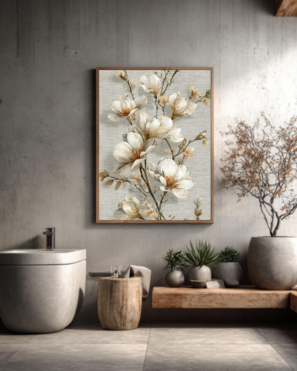 Beige Floral Tapestry Canvas | Vintage Textile Inspired Wall Hanging | Elegant Botanical Artwork