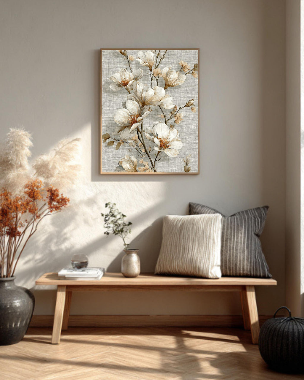 Beige Floral Tapestry Canvas | Vintage Textile Inspired Wall Hanging | Elegant Botanical Artwork