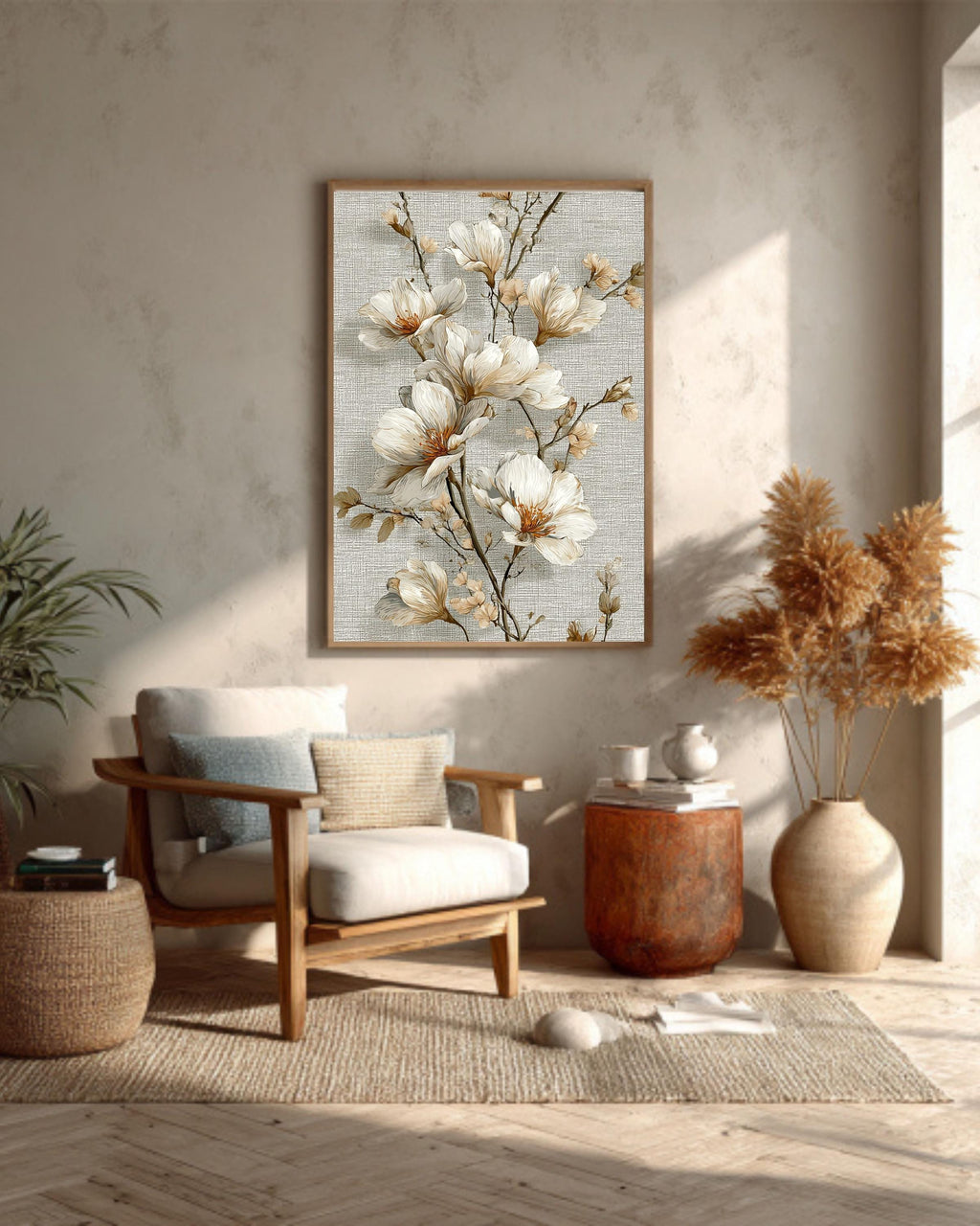 Beige Floral Tapestry Canvas | Vintage Textile Inspired Wall Hanging | Elegant Botanical Artwork