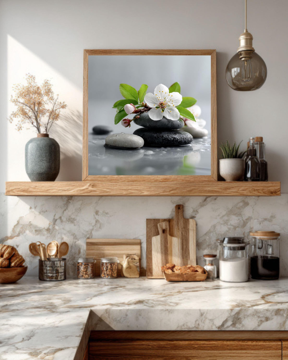 Floral Zen Stones Canvas | White Spa Bathroom Artwork | Tranquil Botanical Relaxation Print