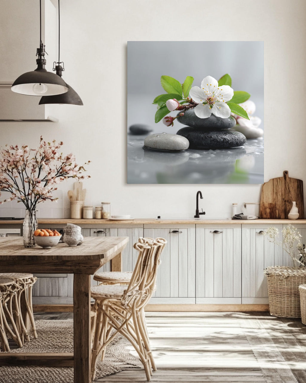 Floral Zen Stones Canvas | White Spa Bathroom Artwork | Tranquil Botanical Relaxation Print