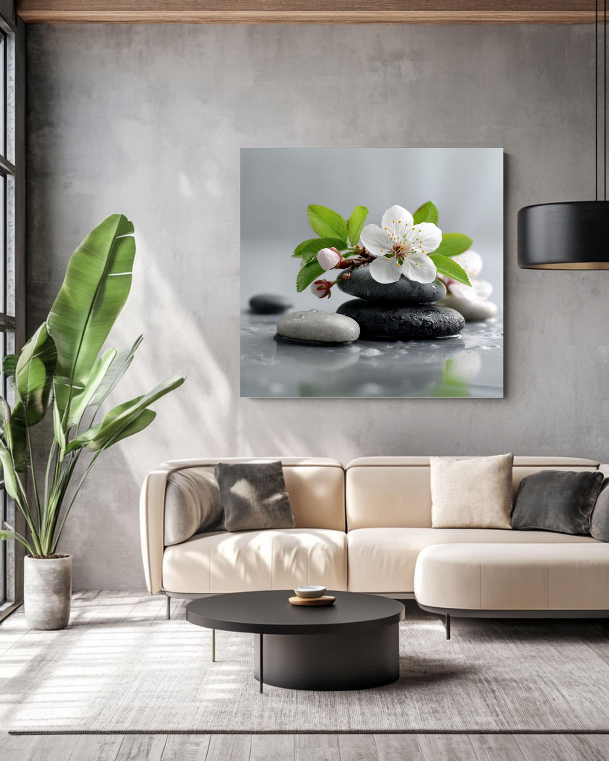 Floral Zen Stones Canvas | White Spa Bathroom Artwork | Tranquil Botanical Relaxation Print
