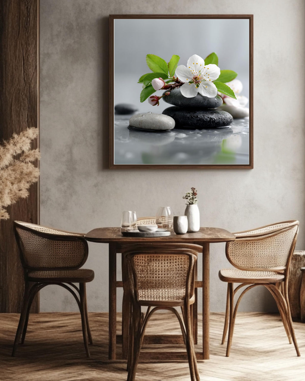 Floral Zen Stones Canvas | White Spa Bathroom Artwork | Tranquil Botanical Relaxation Print