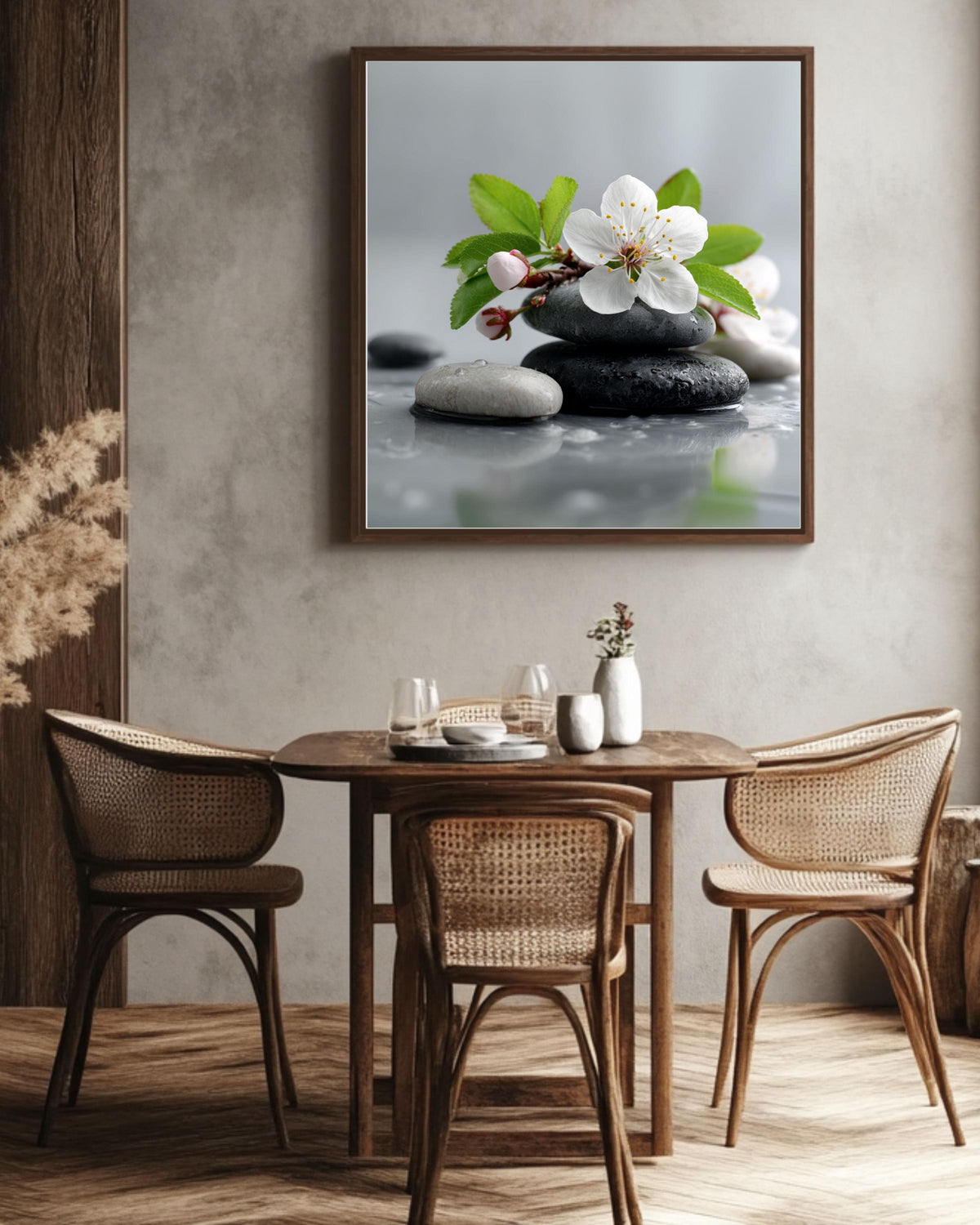 Floral Zen Stones Canvas | White Spa Bathroom Artwork | Tranquil Botanical Relaxation Print