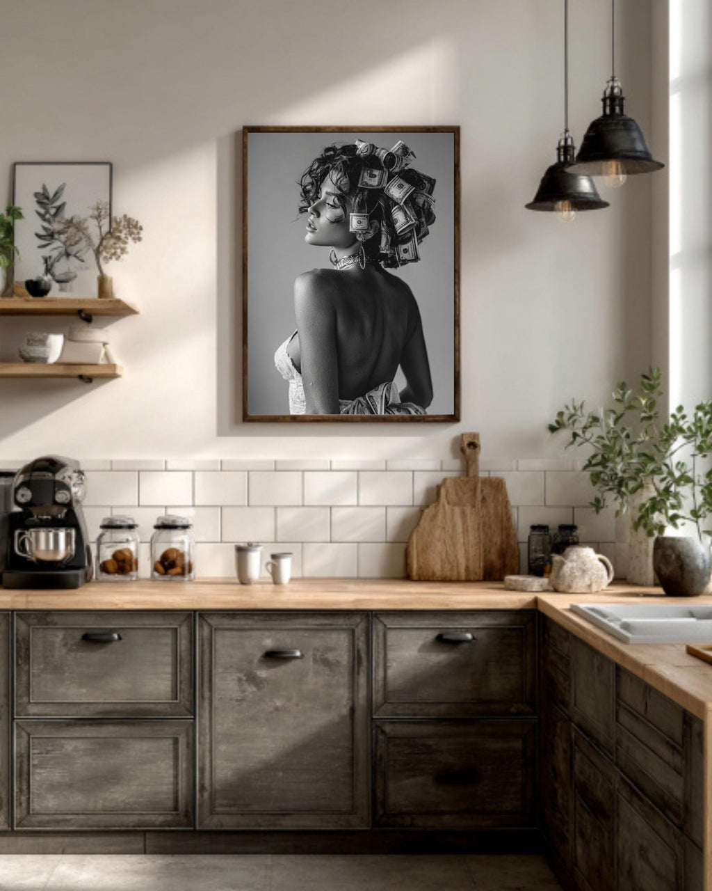 Woman with Money Canvas | Luxury Fashion Black and White Art | Vintage Museum Quality Photography