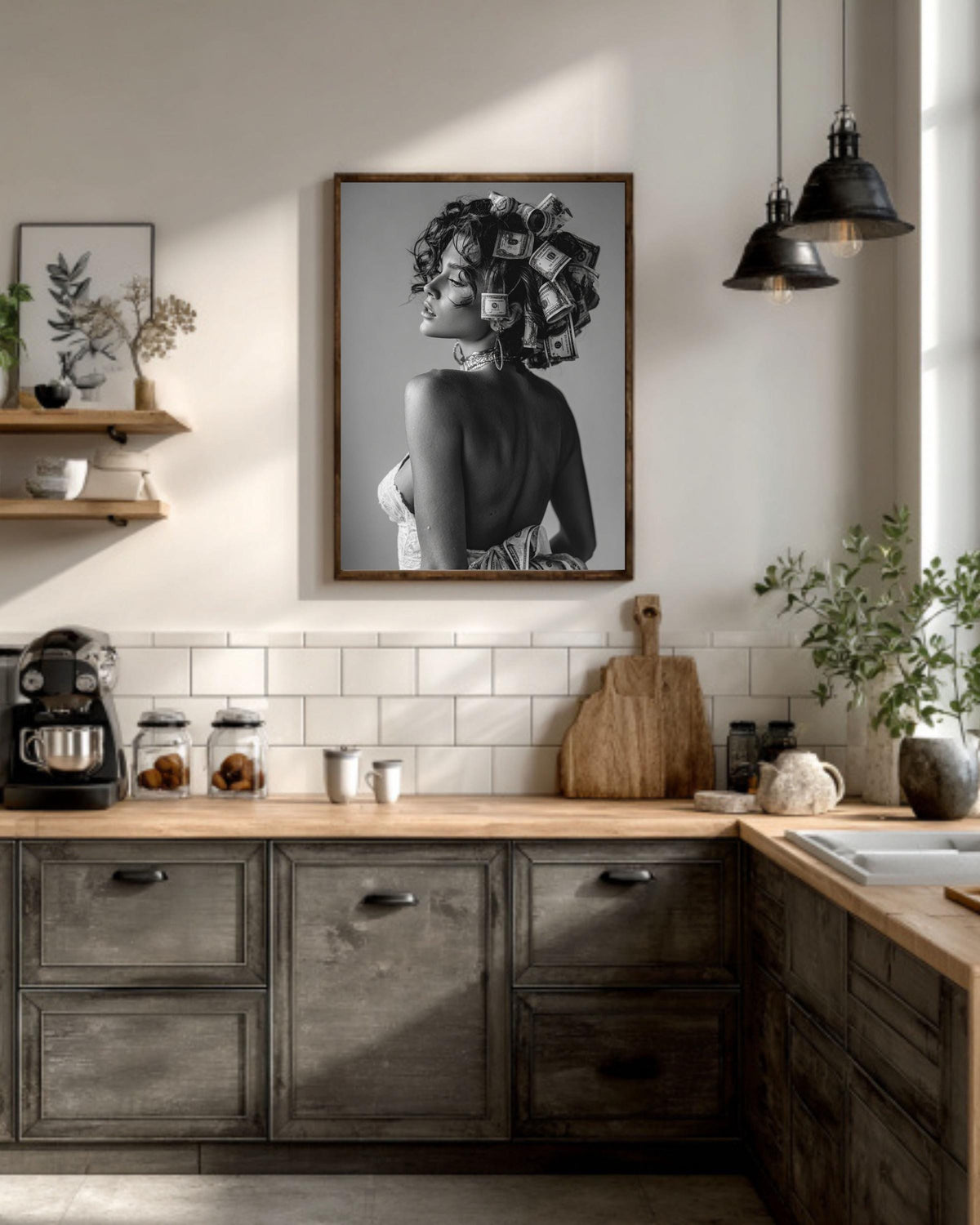 Woman with Money Canvas | Luxury Fashion Black and White Art | Vintage Museum Quality Photography