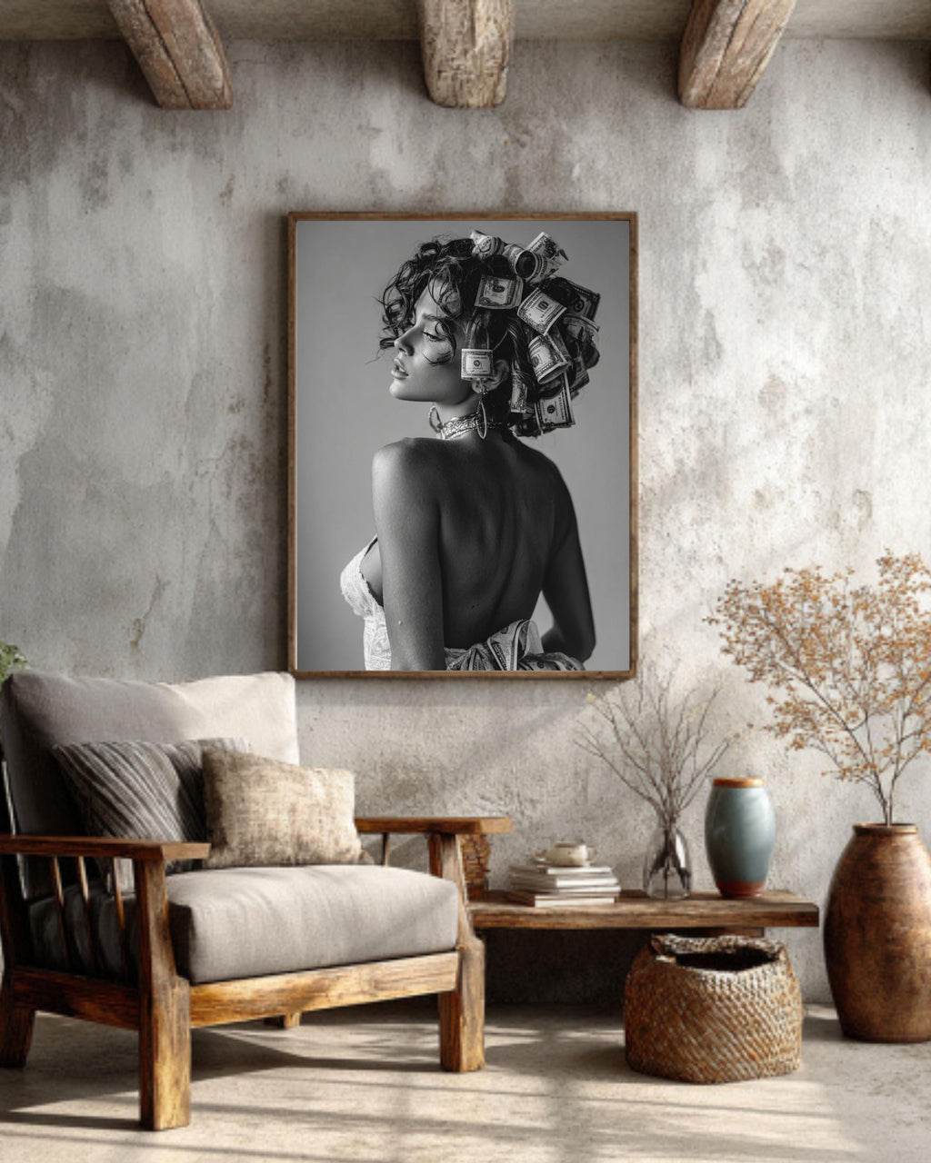 Woman with Money Canvas | Luxury Fashion Black and White Art | Vintage Museum Quality Photography