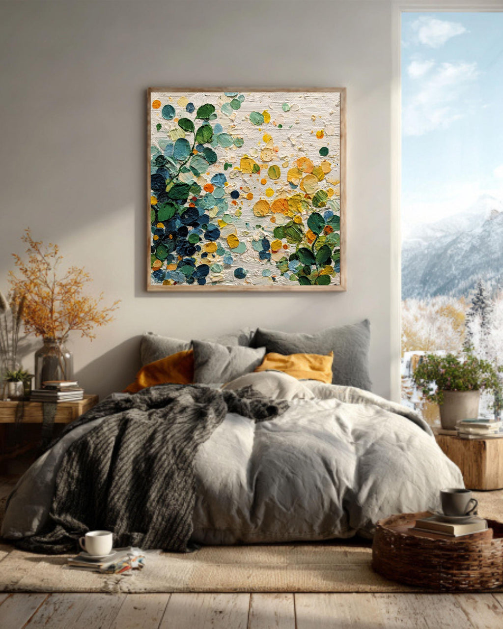 Abstract Botanical Canvas Art: Green Yellow Textured Painting