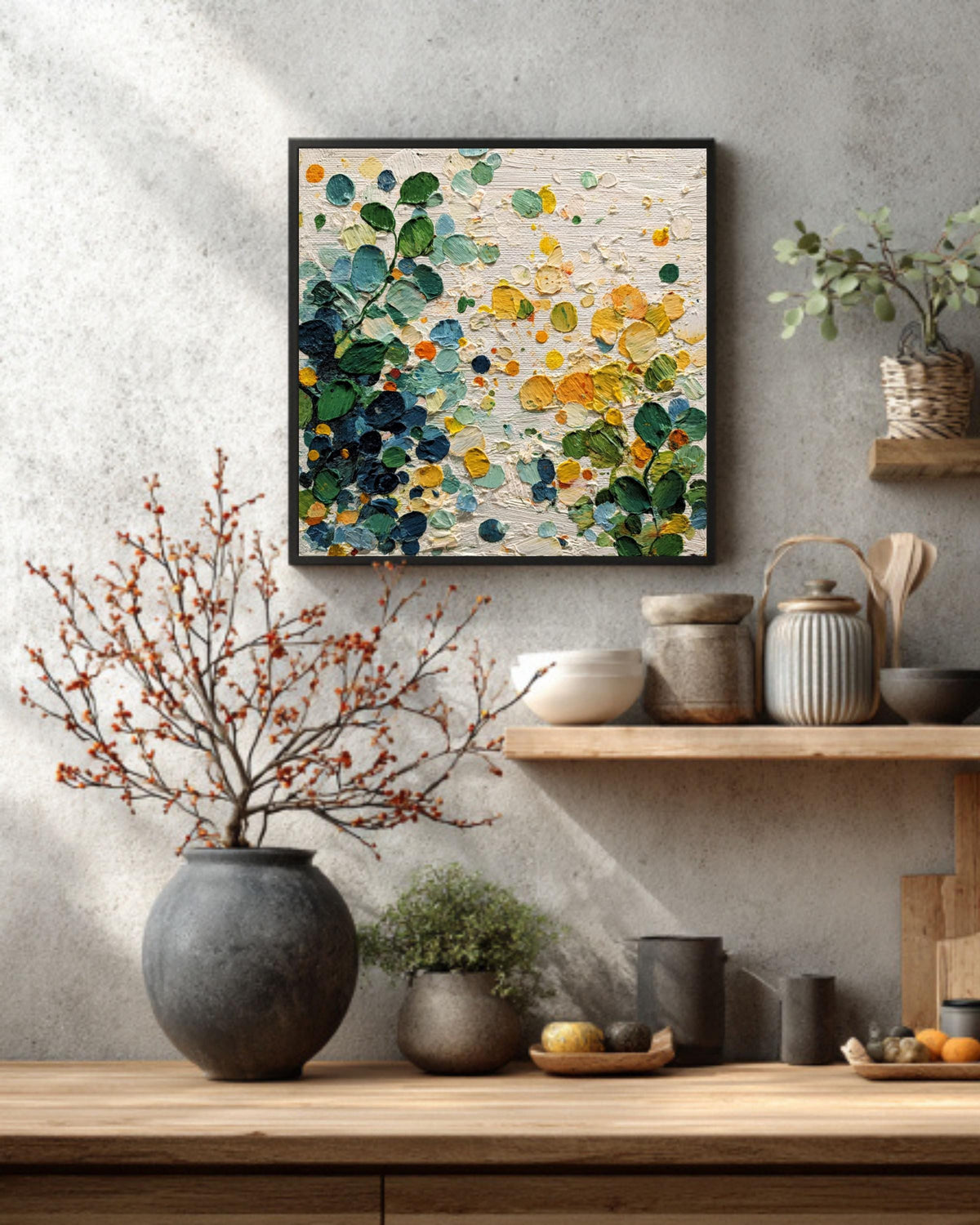 Abstract Botanical Canvas Art: Green Yellow Textured Painting