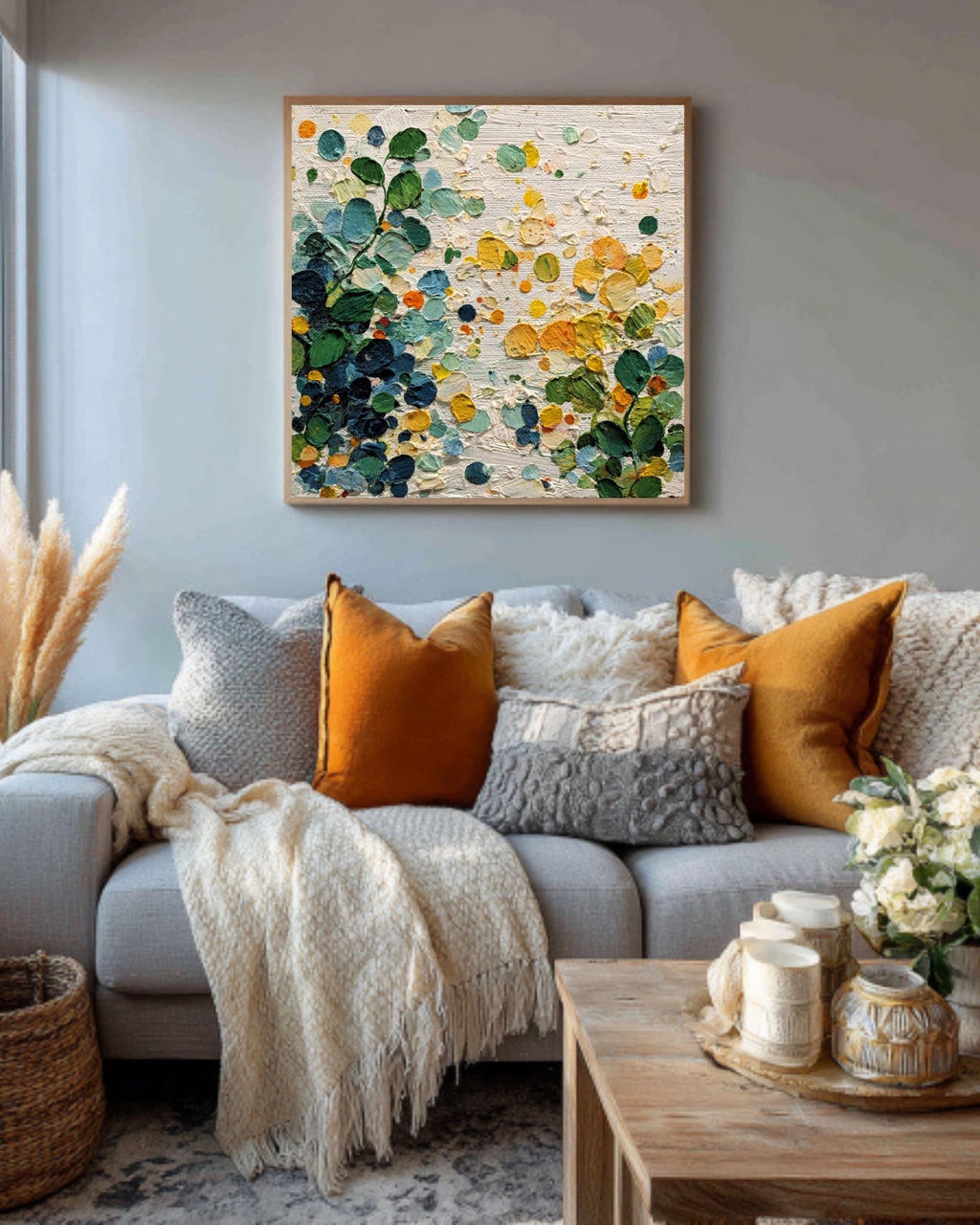 Abstract Botanical Canvas Art: Green Yellow Textured Painting
