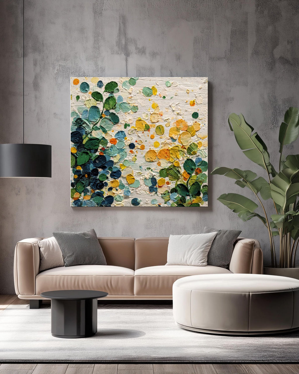 Abstract Botanical Canvas Art: Green Yellow Textured Painting