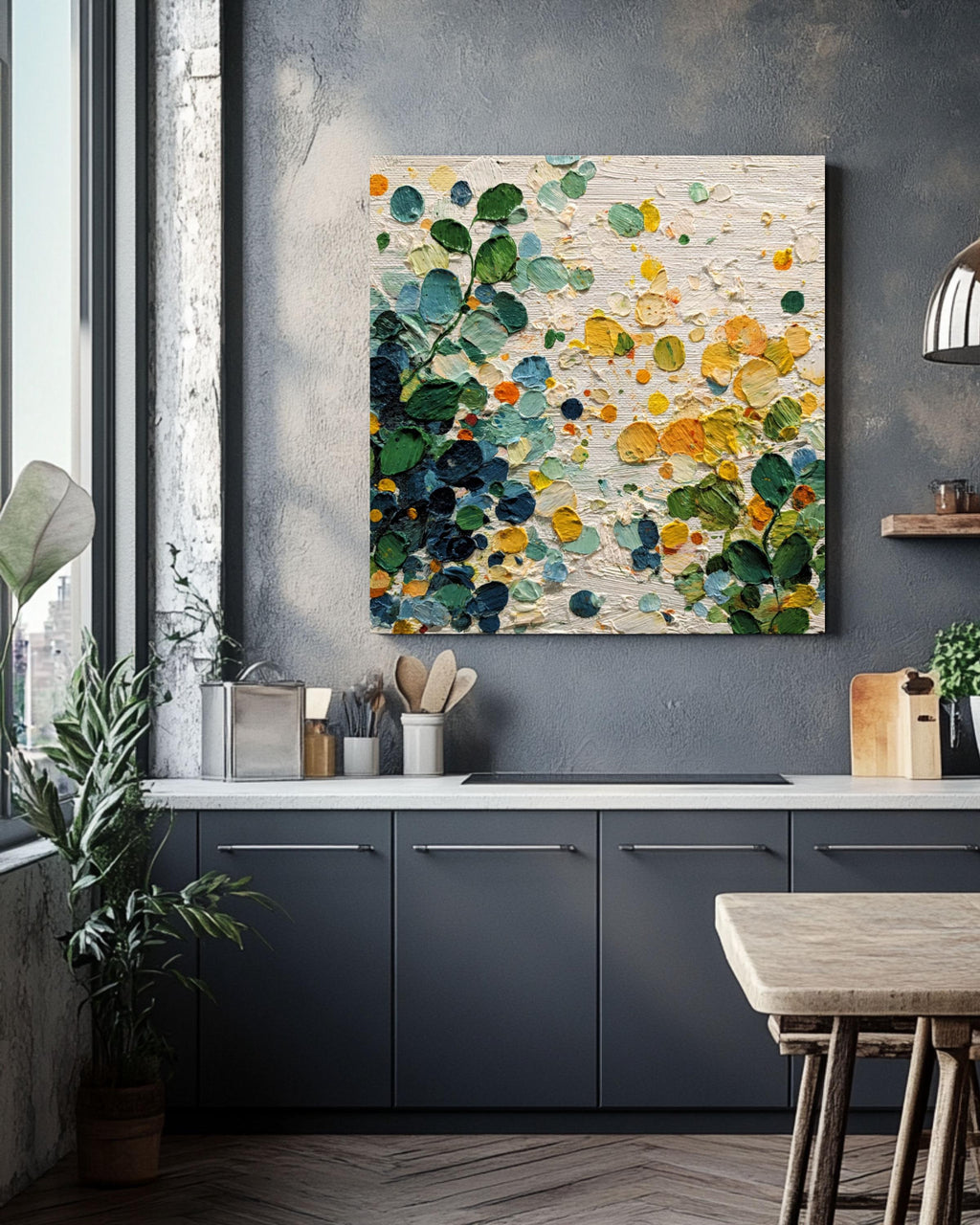 Abstract Botanical Canvas Art: Green Yellow Textured Painting