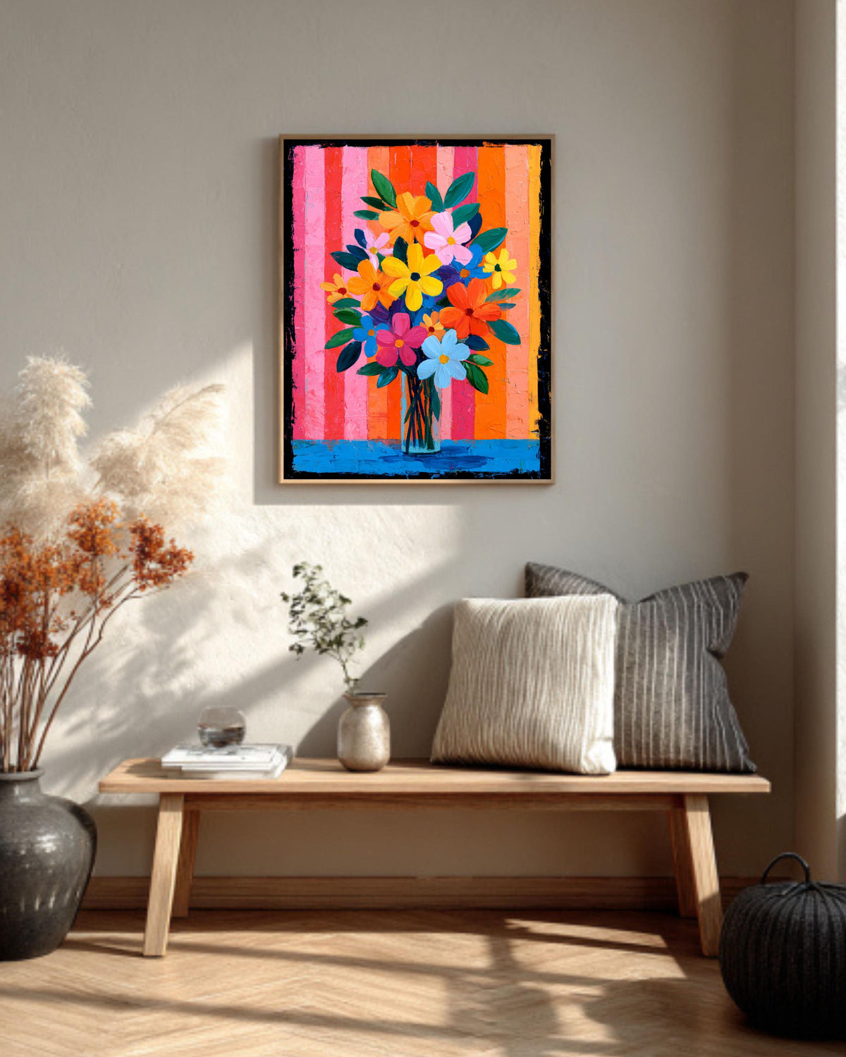 Cheerful Pink Floral Canvas | Bright Bold Bouquet with Stripes | Colorful Retro Maximalist Art