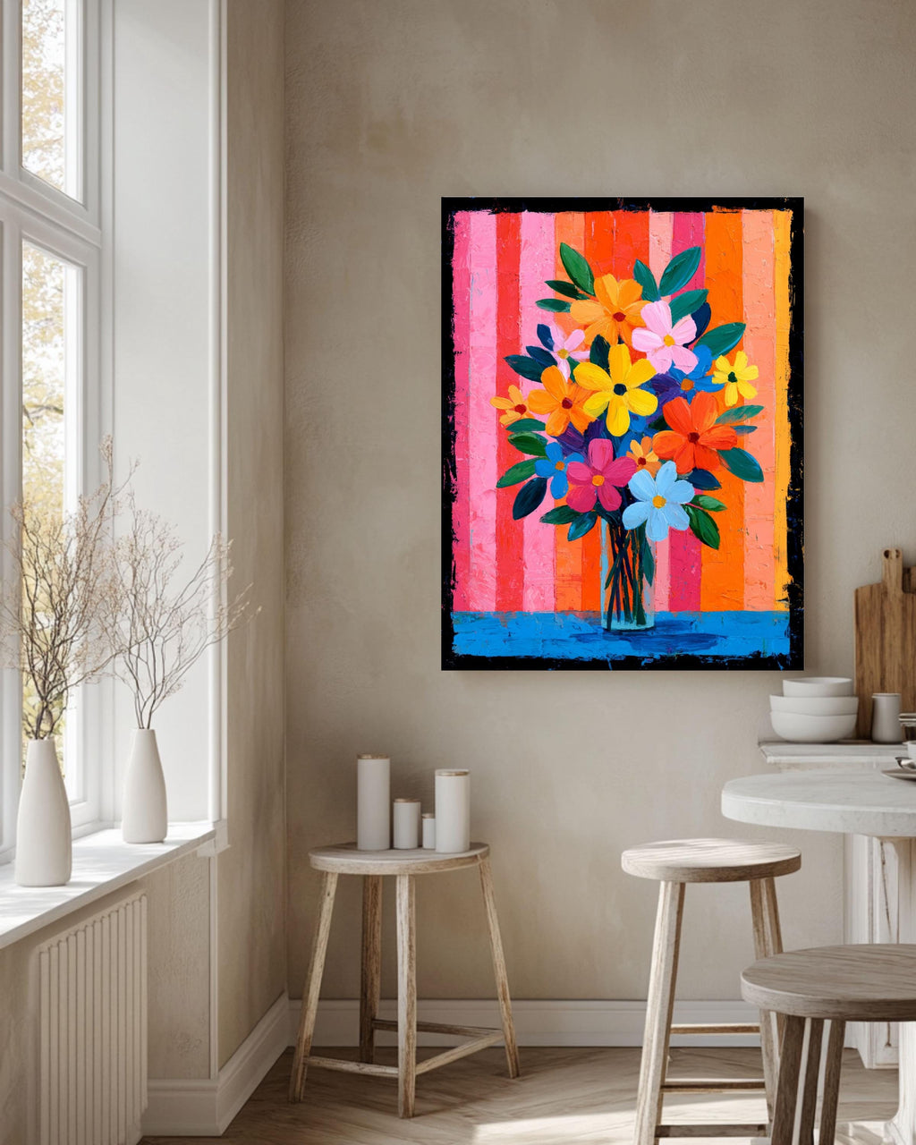 Cheerful Pink Floral Canvas | Bright Bold Bouquet with Stripes | Colorful Retro Maximalist Art