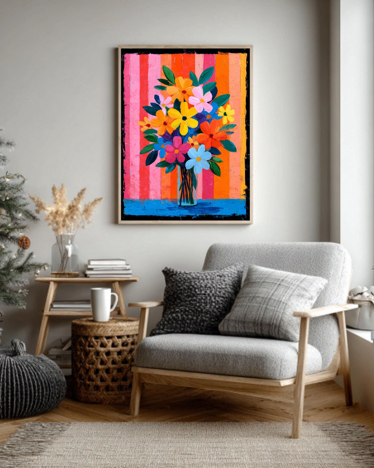 Cheerful Pink Floral Canvas | Bright Bold Bouquet with Stripes | Colorful Retro Maximalist Art
