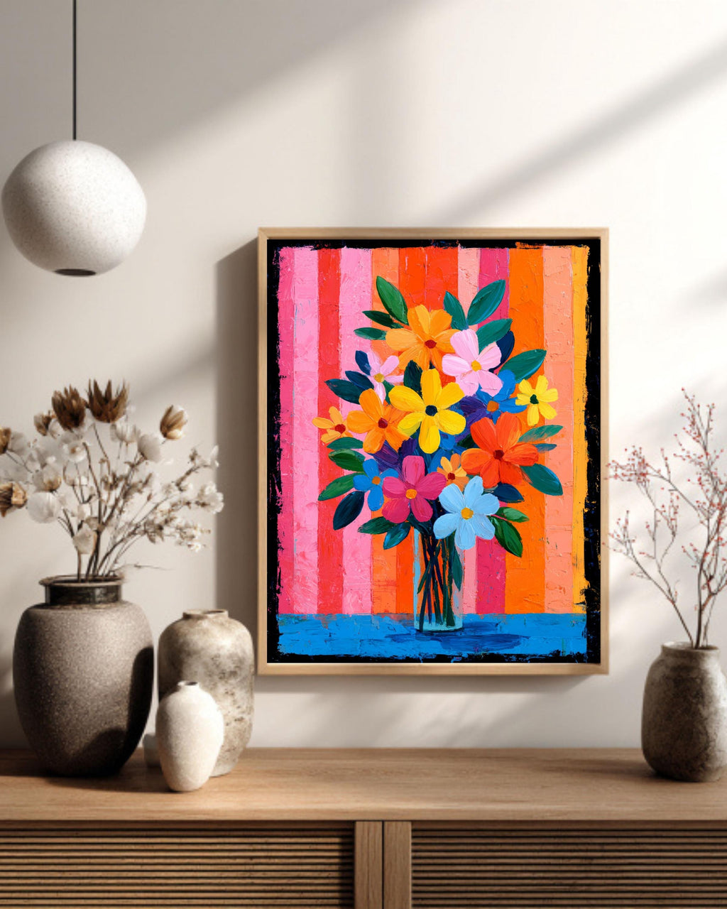 Cheerful Pink Floral Canvas | Bright Bold Bouquet with Stripes | Colorful Retro Maximalist Art