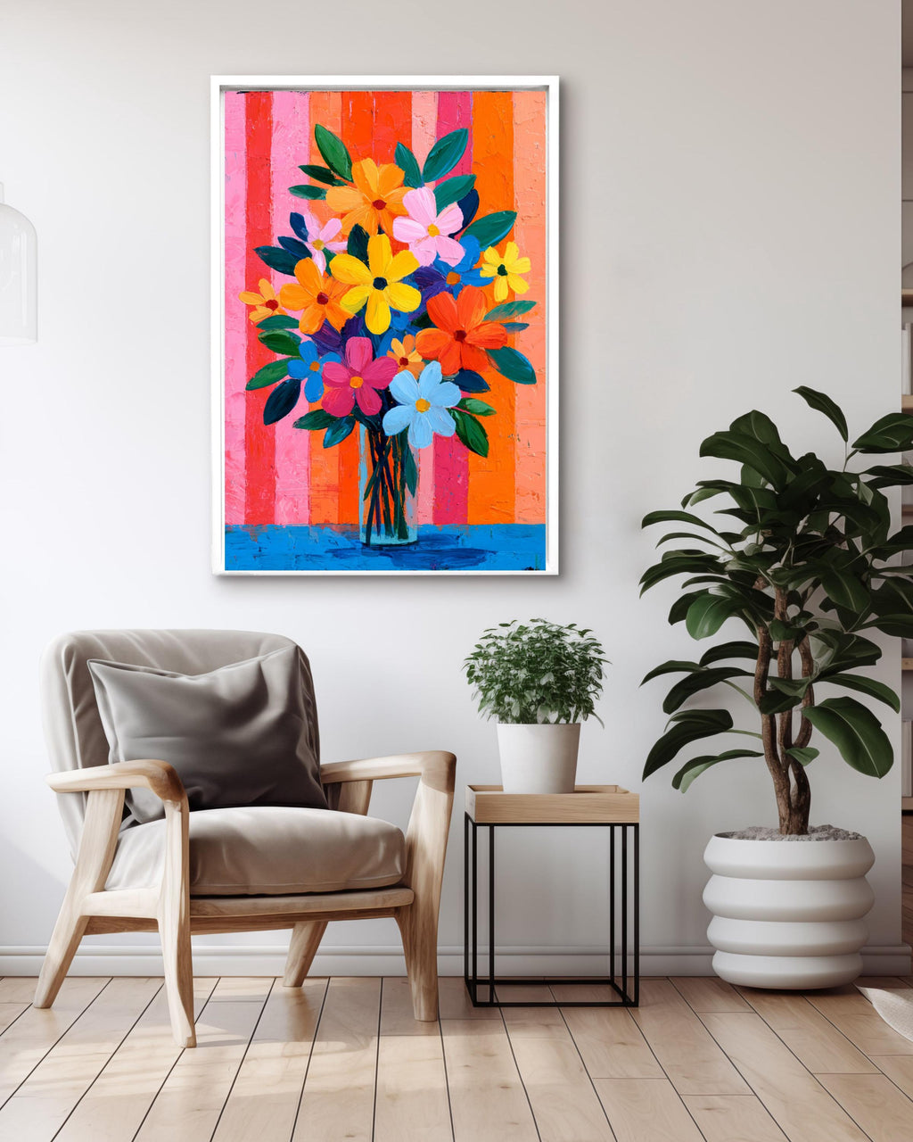 Cheerful Pink Floral Canvas | Bright Bold Bouquet with Stripes | Colorful Retro Maximalist Art