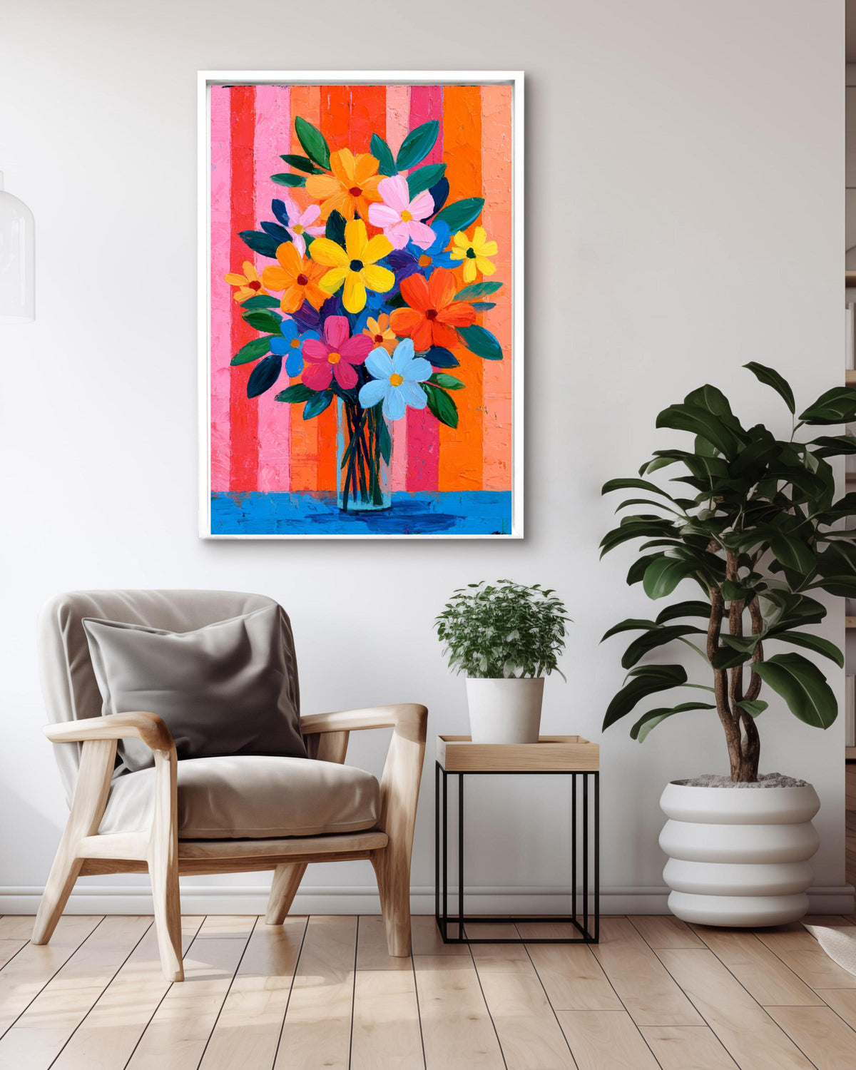 Cheerful Pink Floral Canvas | Bright Bold Bouquet with Stripes | Colorful Retro Maximalist Art