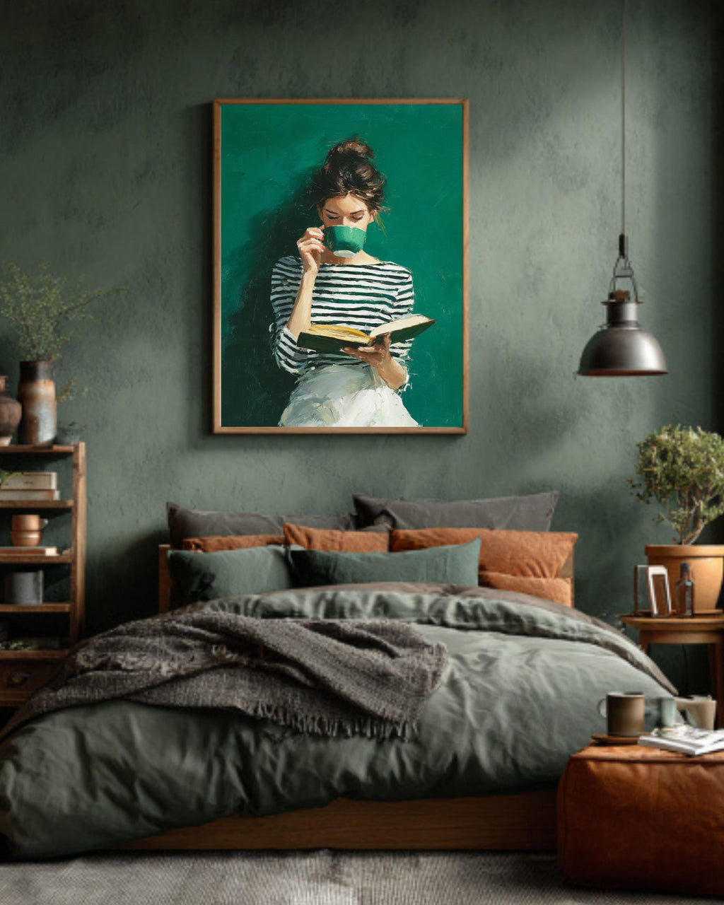 Emerald Green Art, Modern Reading Woman, Minimalist Boho Canvas