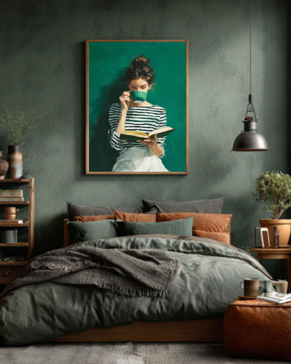 Emerald Green Art, Modern Reading Woman, Minimalist Boho Canvas