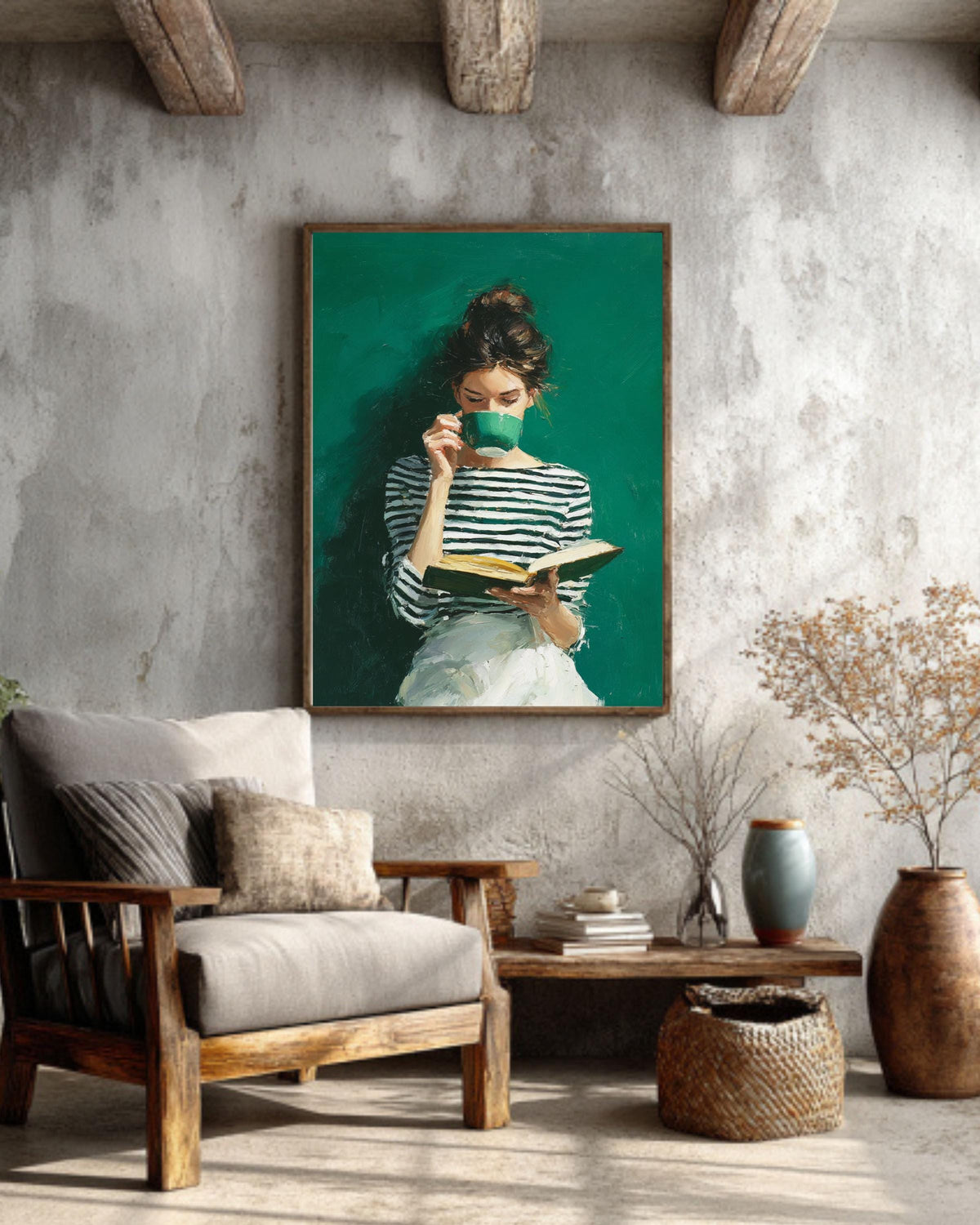 Emerald Green Art, Modern Reading Woman, Minimalist Boho Canvas