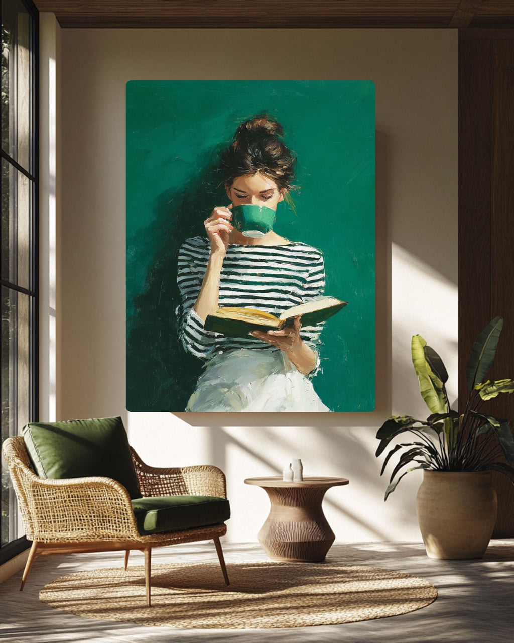 Emerald Green Art, Modern Reading Woman, Minimalist Boho Canvas