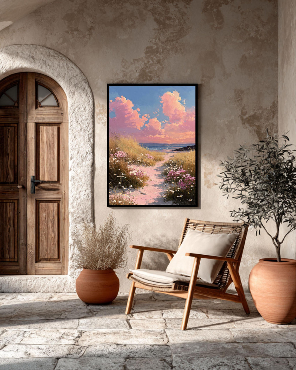 Pink Coastal Beach, Wildflower Landscape Painting, Spring Seascape Wall Art