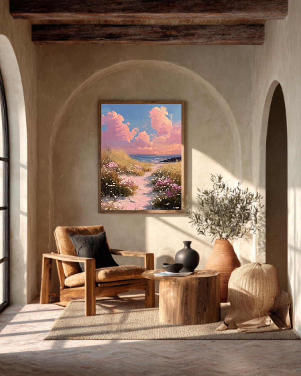 Pink Coastal Beach, Wildflower Landscape Painting, Spring Seascape Wall Art