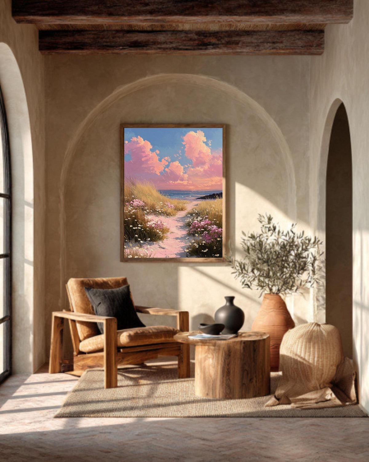 Pink Coastal Beach, Wildflower Landscape Painting, Spring Seascape Wall Art