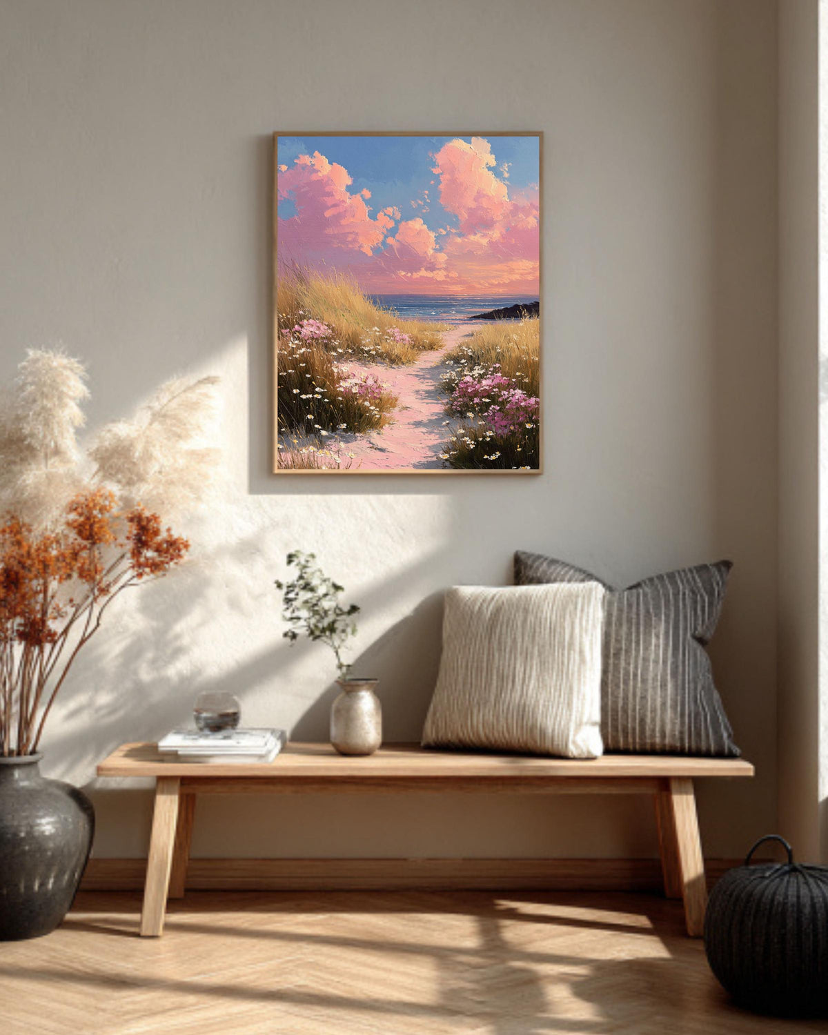 Pink Coastal Beach, Wildflower Landscape Painting, Spring Seascape Wall Art
